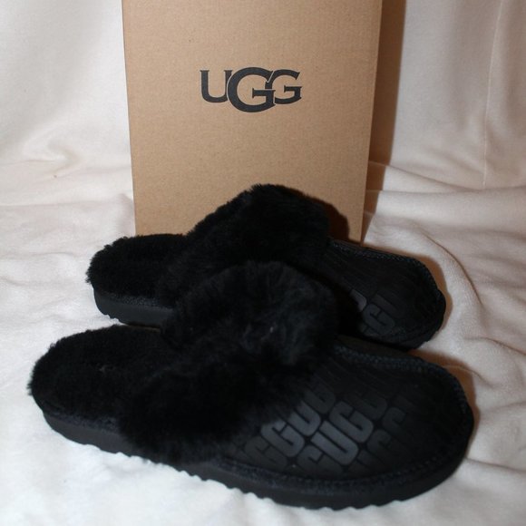 NIB‎ UGG LOGO WOMEN'S SUEDE SHEARLING COZY SLIDE SLIPPERS BLACK - Picture 3 of 11